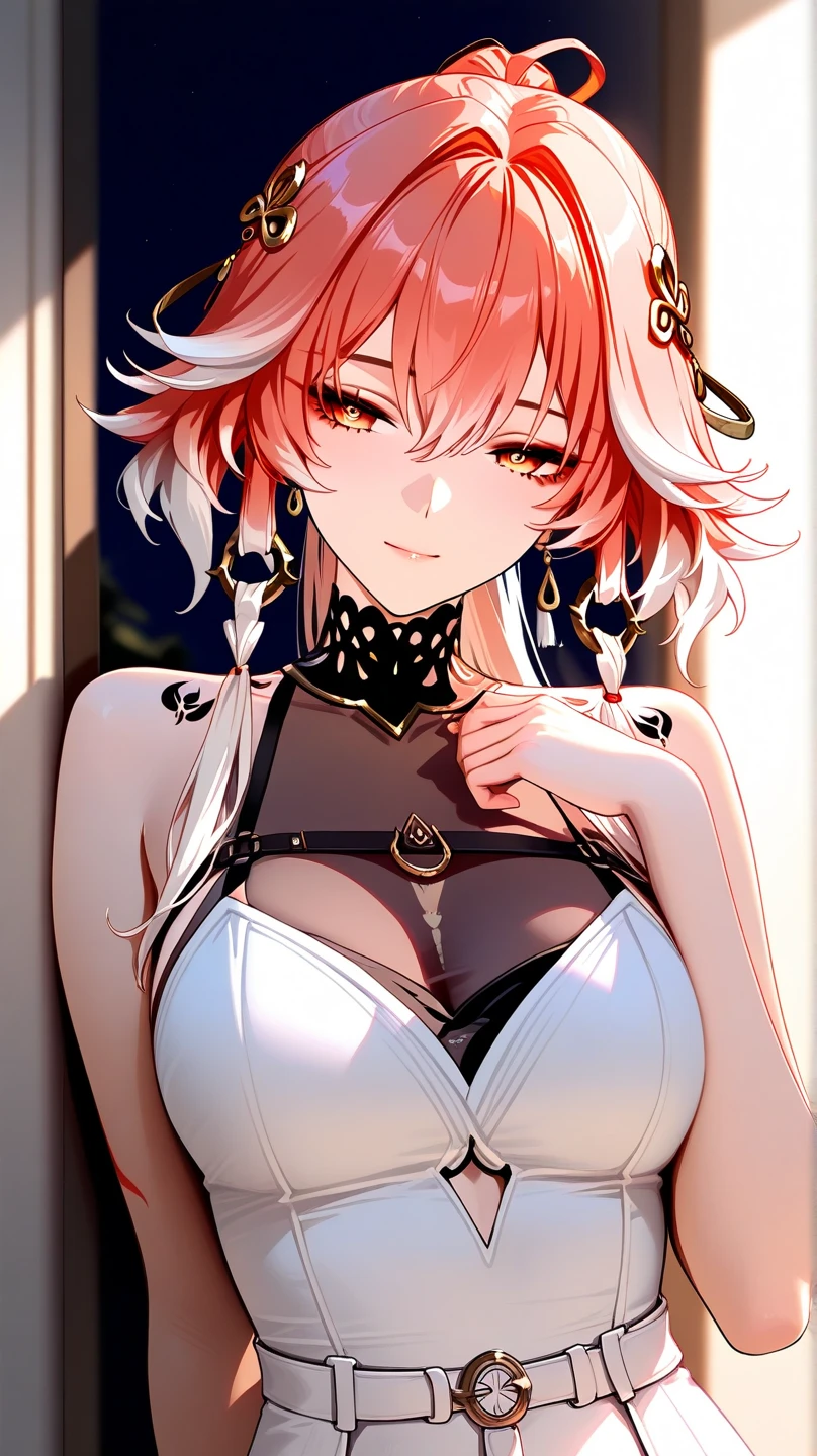 Adult woman, short pink hair, Fox ears, Cyan eyes, Fox tails, form fitting dress, open shoulders, pink lipstick, ssmile, Masterpiece, hiquality
