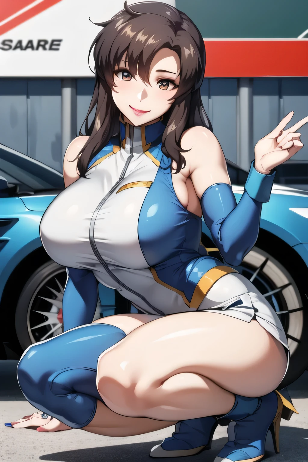 Race queen lady smiles at me, photographed in front of a race car, portrait, brown long hair, dynamic movement, detailed beautiful face, slender, curves, detailed skin texture, circuit