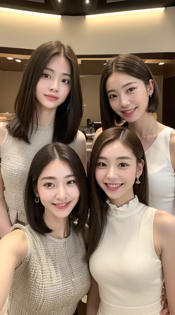 (masterpiece:1.3), (8K, Photoreal, Raw photo, best image quality: 1.4), Japanese high school girl、Similar identical twins、2 girls、(random hairstyle:1.2)、cleavage:1.2、super detail face、eye for details、double eyelid、chest to chest、sharp focus:1.2、Beautiful woman:1.4、light brown hair、highest quality、masterpiece、Super high resolution、(Photoreal:1.4)、Highly detailed and professionally lit smiles、loose and light knitwear, Two girls whose faces, figures, and standing positions are perfectly copied like the virtual image reflected in the mirror and the real image.,To her rightside there is a mirror in which she sees herself., all girls are exactly the same face