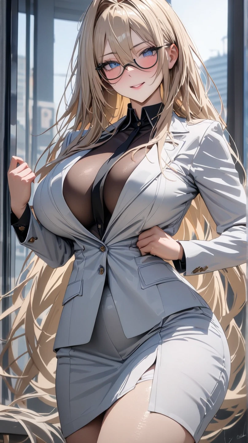 masterpiece, best quality,  absurdres, looking at viewer, solo, rita rossweisse (summer night's dream), rita rossweisse, shirt, pantyhose, red rose, blue eyes, blonde hair, long sleeves, button gap:1.2, mole under eye, (hair over one eye),  frilled shirt, white shirt, button shirt, button gap, cleavage, perky small breasts, no bra,  seductive smile, skimpy black skirt, (ulzzang-6500:0.8), long hair, day, outdoors  black pantyhose