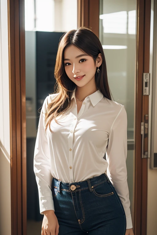 (Best quality, Complex details: 1.2,Realistic:1.2) ,A girl\(22 years old\),[Liu Yifei:0.9],(women's long sleeves collared shirt ,necklace),[Denim shorts],long hair, grin,stand,(white skin:1.2),(many people:1.2),living room,