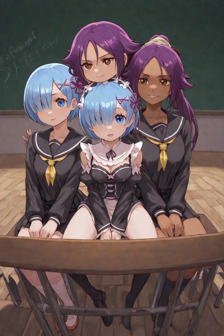 ((((((Harem)))))) (((((woman、5-people、Completely naked Gather in the center))))) ((((classroom Large Breasts、Showing nipples woman器を見せる Hot face)))) (((Rainbow Hair、short hair blue eyes woman sexy))),((sunlight)),(smile),Open your mouth Shining Background Shining Edges