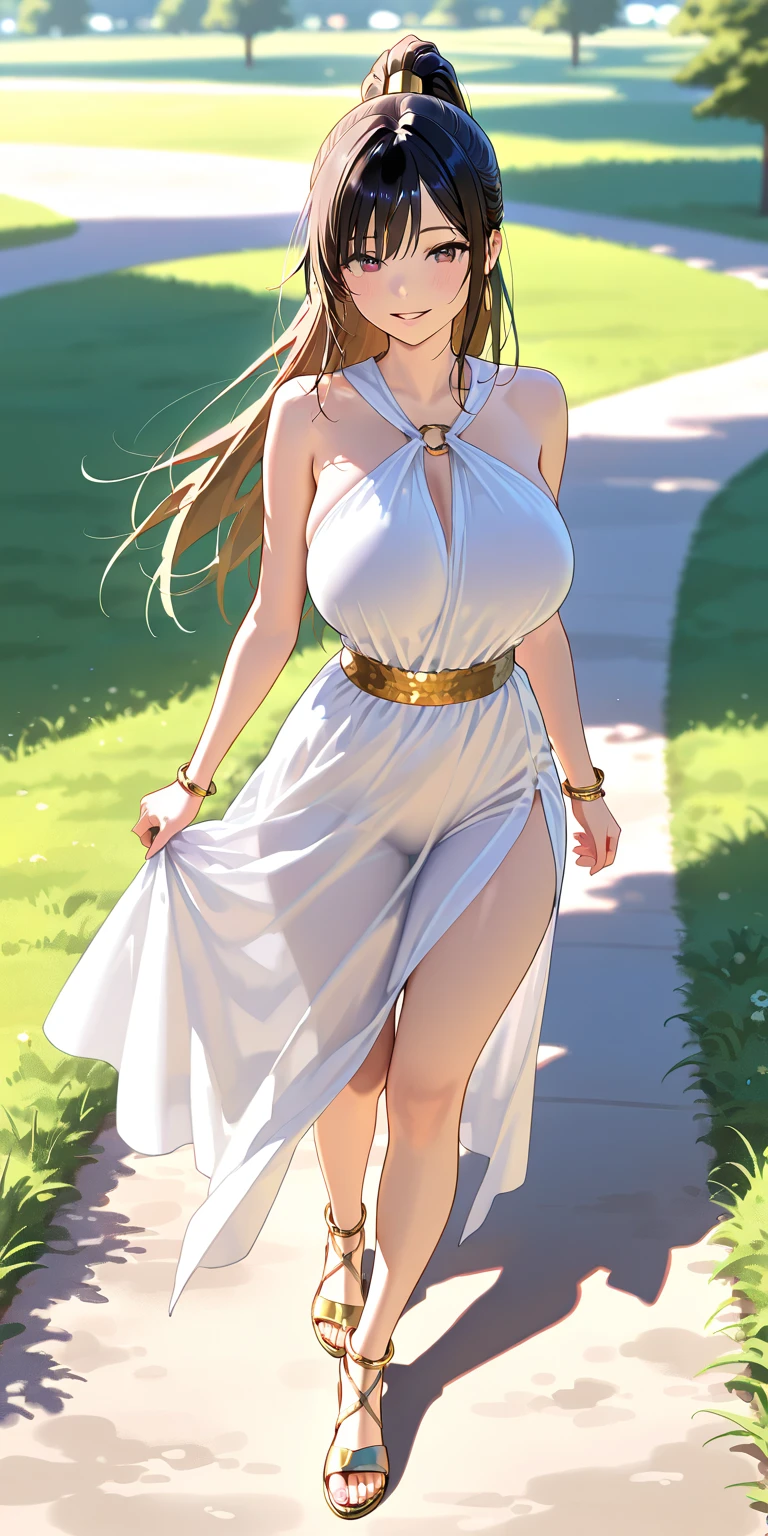 An extremely beautiful stunning mother with a perfect busty body, gold blonde long silky hair, big blue-green hazel eyes, extremely super bright snow white fair stunning flawless glowing lush shiny white skin, a perfect tight hourglass figure, and a skinny waist, extremely cute smile on the face, bright pink blushes on cheeks, wearing a long cute white floral dress, and a yellow-tan cardigan, white flip-flop sandals, gold necklace on the neck, gold anklets on feet, standing straight, holding her little son's hand, garden in the background, show full body from head to feet