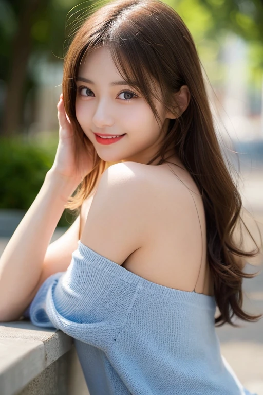 Sexy cute looks and cute 15 year old beautiful girl, Beautiful and sexy face、A strong wind blows my hair in front of my face、A little brown hair in French braids with cute and sexy eyes hidden by long bangs、Off-the-shoulder T-shirt、Tulle miniskirt