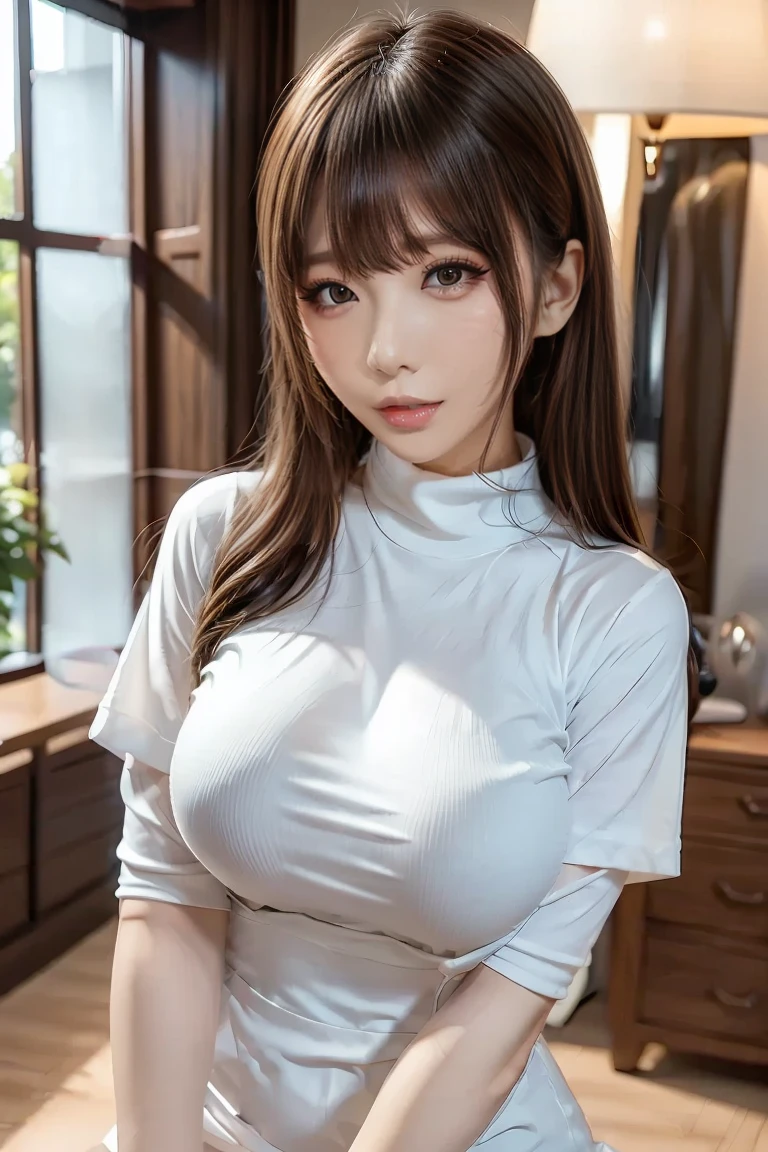 ((Very shiny, lustrous, fine, voluminous, detailed, extremely long, extremely straight hair that reaches down to the waist:1.5)) (Her hair is a captivating deep black.:1.3) The sexiest 24-year-old woman in Japan) ((highest quality)), ((masterpiece)), Perfect Face (The bangs are neatly trimmed like a princess cut.) (Familiar), Perfect Face (Extremely detailed 8K) (Stable diffusion model) (Her skin is a typical Japanese skin tone and body type and is very detailed.) (big breasts) Dynamic Lighting (Real photos taken by professional photographers:1.2) (Her face is slim and dignified.., Long, narrow eyes..々Nice face) ((This is near the bed in the hospital room, and she is wearing a white nurse's uniform. She is a patient、She is giving the viewer a very seductive look.)) (Perfect beautiful make-up and light red lipstick)