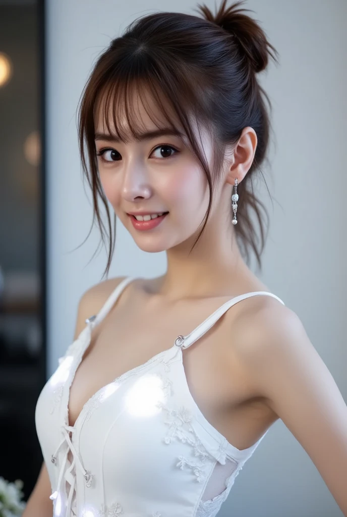 ((Highest quality, 8k, masterpiece: 1.3)), sharp: 1.2, Perfect Body Beauty: 1.6, ((Layered Hairstyles, Big Breasts: 2.0)), (white and long legs: 2.0), (white lace dress: 2.0, Off-the-shoulder dress: 2.0, Dresses with visible breasts: 2.0), ((long hair: 2.0)), ((necklace)), Earrings, ring, Bracelet, Hair Accessories, ((Beautiful young teenager woman)), ((Straight nose)), (Eyeliner), Armpit Hair, Bristles, ((White and beautiful skin)), Wavy Hair, Beautiful attention to detail, Super detailed, Highly detailed face and skin texture, fine grain, double eyelid, Black Hair, Big Ass, Lower Body, Thighs, (((Skinny))), Wet and shiny lips, smile, Get a grip on your body, ((Anatomically correct human body)), ((Crisp body shape)), Ribs, clavicle, Protruding skeleton, A face without nasolabial folds, Shyness, Thin eyebrows, Big eyes, (shoot from side: 1.0), (Narrow shoulders: 2.0), (Smile: 1.0), (One arm raised: 1.0)