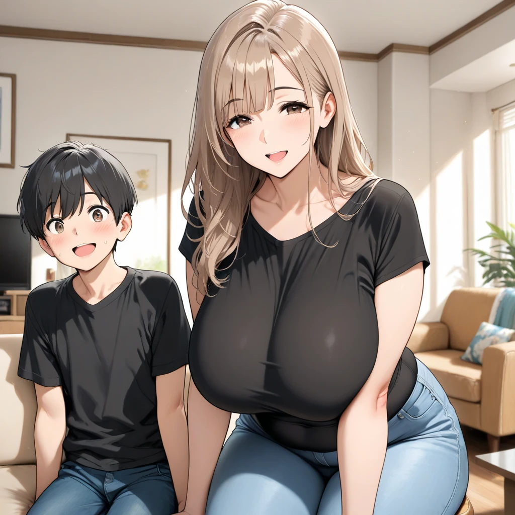 (best quality, masterpiece), 45yo beautiful milf,glasses,denim overalls,(naked),hot pants,side undercut hair,sneaker,(heavy makeup),(wrinkle),huge sagging breasts,necklace,hoop earring,in campground,laugh,arms behind head,showing off armpits,(milf is hugged behind by the naughty son:1.5),son is 12yo,hugging to milf's hip,smirk,absurdres