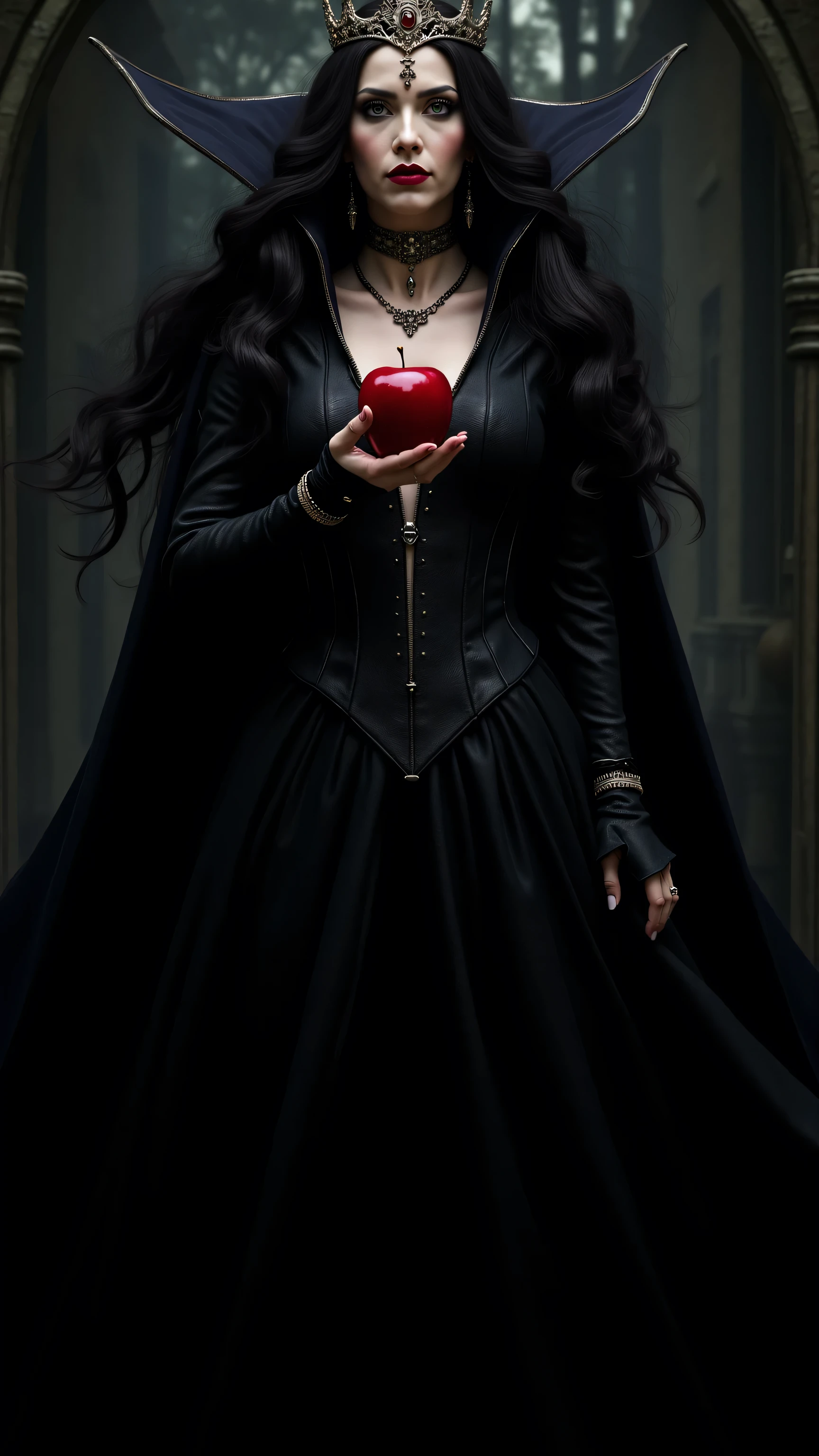 girls,long black hair,Black Queen,accessories,Hand Held Apple,Poisonous apple ,Witch Queen,Red Lipstick