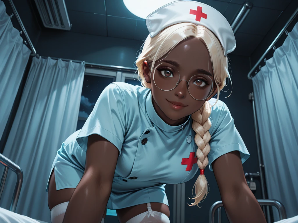 ((black skin:1.3)), (((twilek))), facial markings, standing, dynamic pose, medium breasts, detailed face and eyes, upper body, detailed background, highly detailed, best quality, high resolution, 4k, cinematic lighting, seductive smile, (scifi nurse:1.2), hospital surroundings, gloves, (modest white nurse outfit:1.3), thighhighs, red-cross hat TronFashion