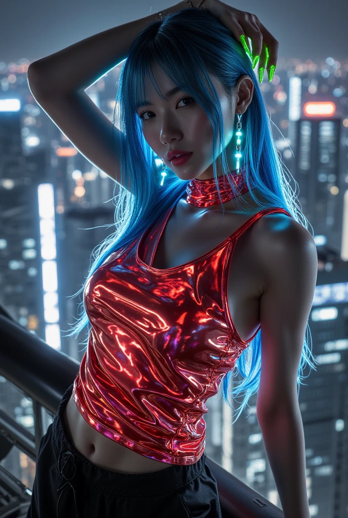 1 girl, Chinese_clothing, liquid silver and orange, Cyberhan, cheongsam, Cyberpunk city, Dynamic poses, Detailed glowing headphones, Glowing Hair Accessories, Long hair, Glowing Earrings, Glowing necklace, Cyberpunk, High-tech city, full of mechanical and Futuristic elements, Futuristic, technology, Glowing neon lights, orange, orange light, Transparent Tulle, Transparent ribbon, laser, Digital background city sky, Big Moon, with vehicles, best quality, masterpiece, 8K, Character edge light, Ultra-high detail, high quality, The most beautiful woman in the world, smile, Face front,bilateral symmetry, earring, Beautiful student, Lighting Effects, Visual Data, Silver hair, Ultra-fine facial texture