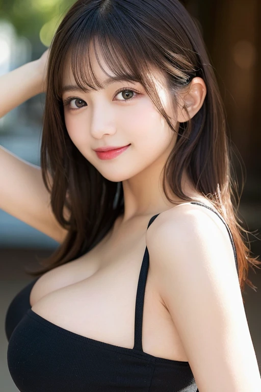 masutepiece, Best Quality, Illustration, Ultra-detailed, finely detail, hight resolution, 8K Wallpaper, Perfect dynamic composition, Beautiful detailed eyes, Women's Fashion Summer,Medium Hair,Small breasts natural color lip, Bold sexy poses,Smile,Harajuku、20 years girl、Cute、Sexy shot looking at camera