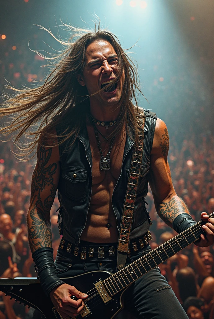 肌肉男,blonde 35 years old dark blonde beard playing black guitar ,shiny muscles, Well defined demonic look fire on back ,arte ultra realista