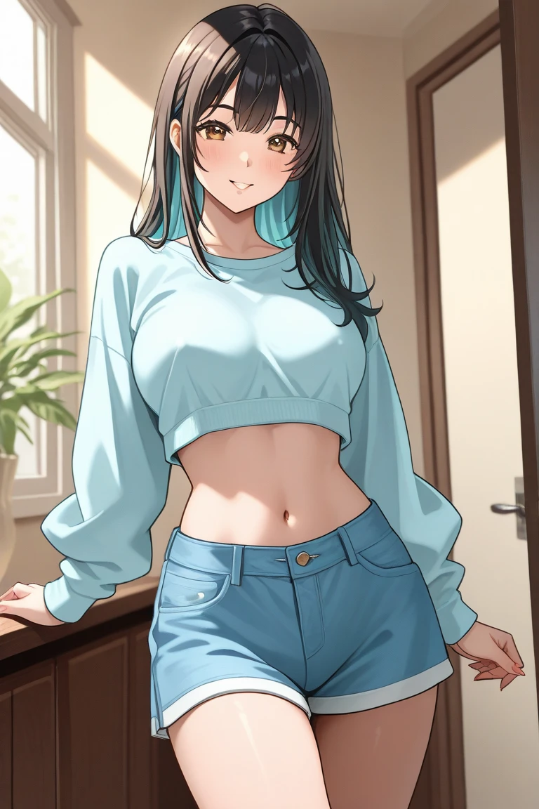 1 girl, sweatshirt until thighs & underwear shorts, home, long dark brown hair, light blue colour eyes, smiling, excited, beautiful, pale skin, perfect body figure,big breast 1:3, cute