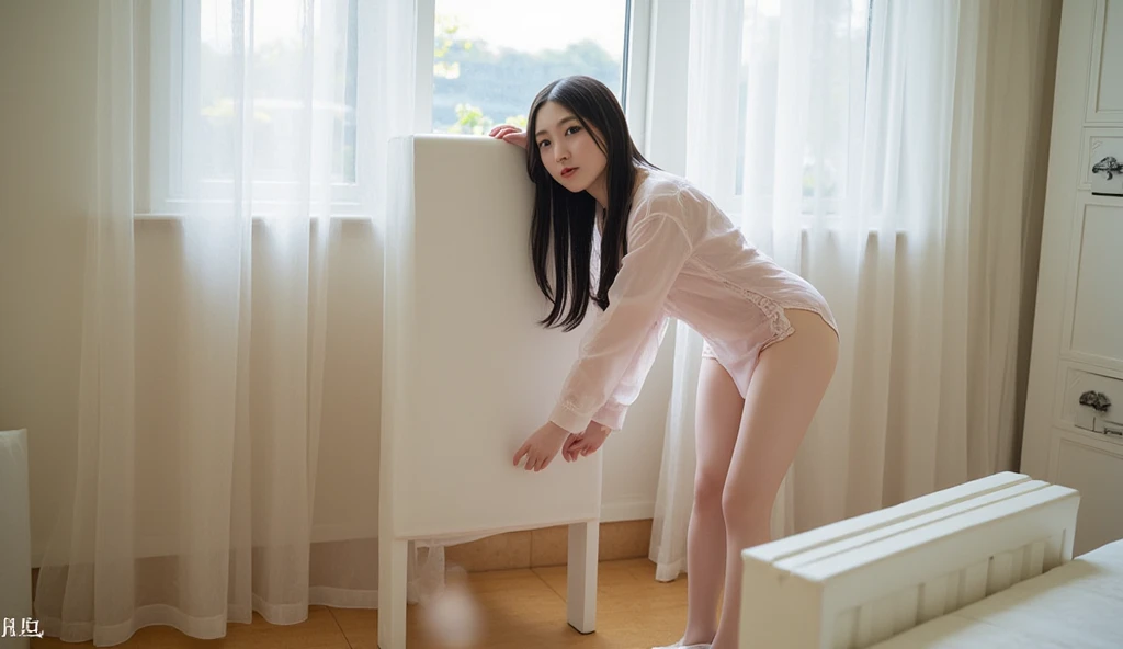 On the sofa there was a woman in a white shirt and stockings, wearing white clothes, smooth white tight clothes suit, wearing a wet white short dress, 1 8 I, Very seductive pose, Korean girl, wearing a cute white dress, Chinese girl, Asian girl, Cute girl, Full length and white stockings, Petite girl, Sexy girl, wears a white dress, White stockings