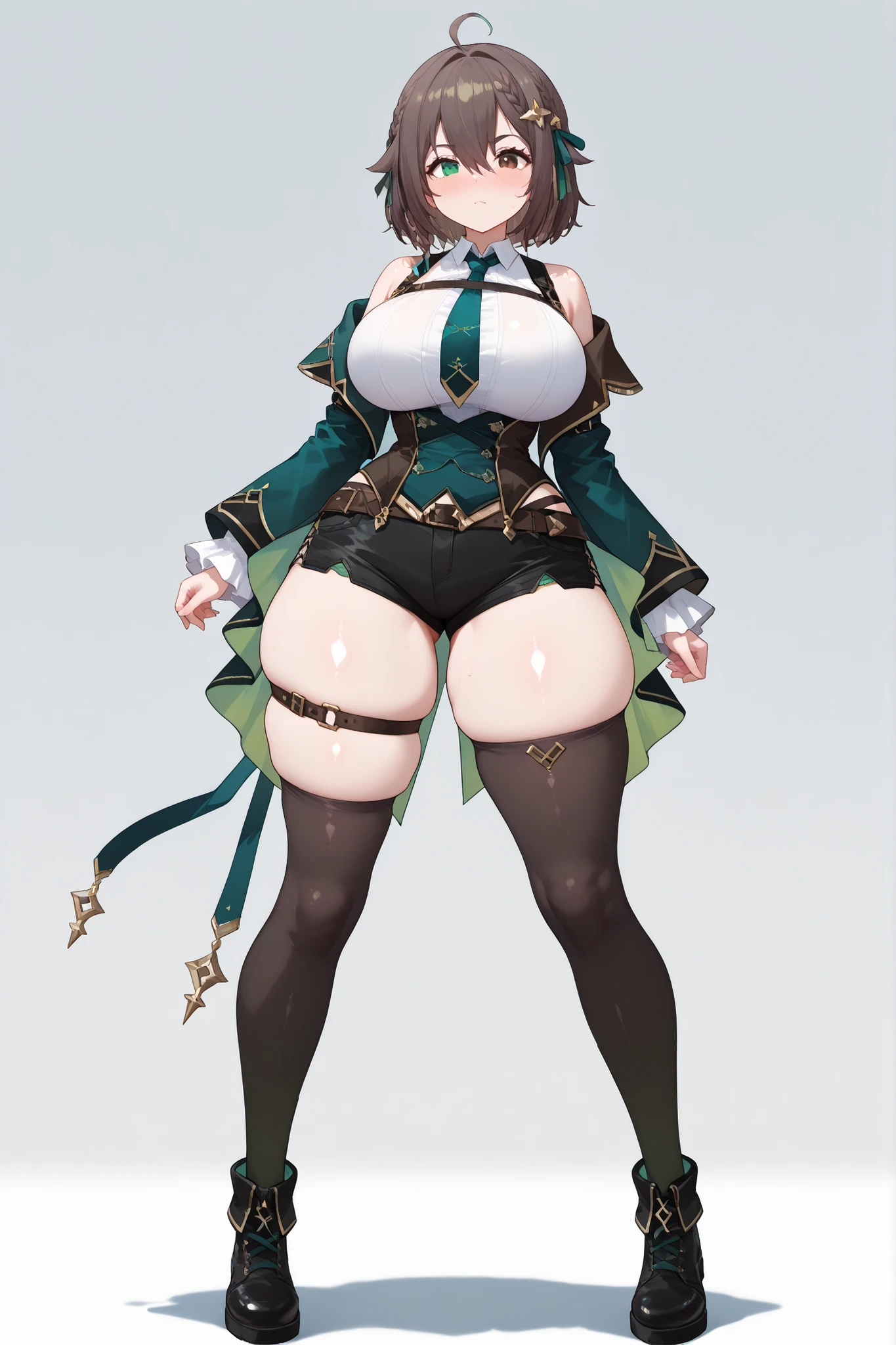 1girl, (from below), (bottom view), ((pussy)), looking down, (black pantyhose), ((close up)), ((thick thighs)), thicc thighs