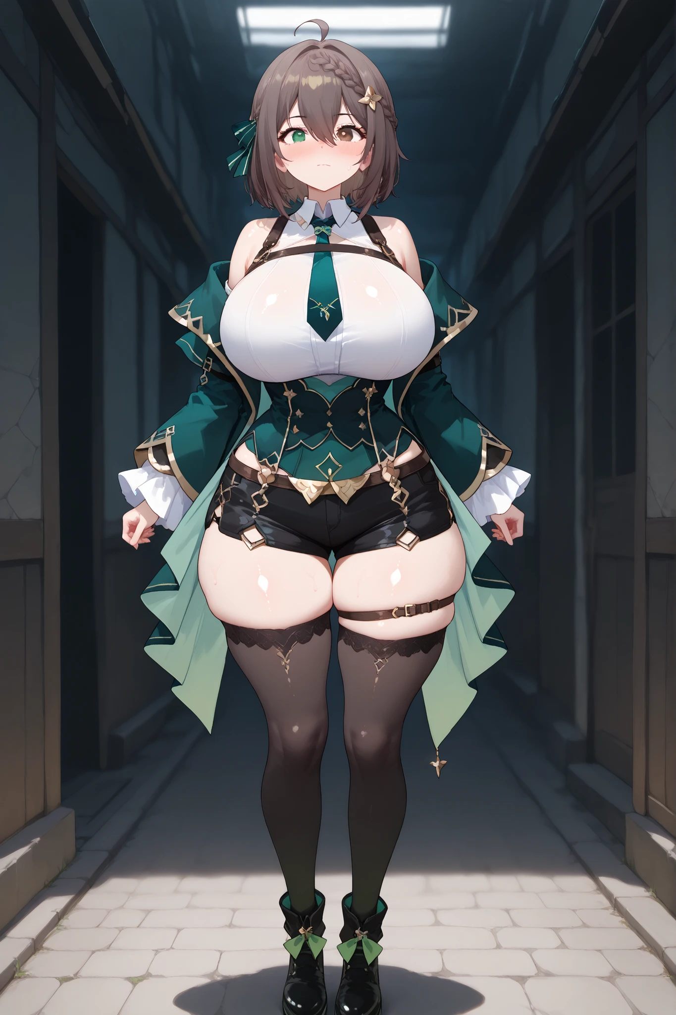Solo, Meica05, big breasts, small waist, wide hips, big ass, heterochromia, green eyes, (brown eye), brown hair, short hair, hair ornament, hair between eyes, braid, ahoge, ribbon hair, green ribbon, green necktie, off shoulder, green dress, long sleeves, black shorts, short shorts, black thighhighs, thigh strap, black shoes