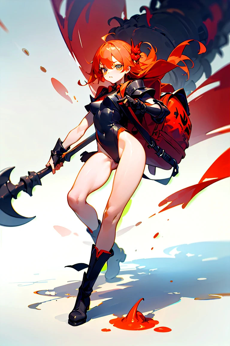 a girl wearing bra and panties only, full body shot, red hair, thigh high armored boots, simple background