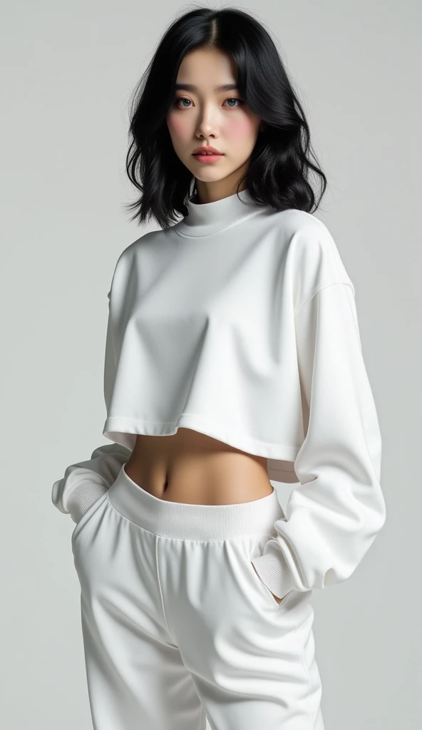 there is a woman that is smiling and looking at the camera, mai anh tran-gemma chen-katherine lam-christy ren merged, wearing a long sleeve white and black striped shirt and leggings, petite, diminutive, entire body visible, full body, hyperrealistic, best quality, 8K, real human skin, masterpiece, extremely intricate, detailed eyes, detailed face, detailed body, exaggerated features, pronounced features, fujifilm