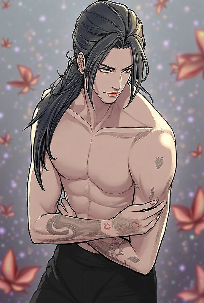 A 25 year old boy, long hair, black hair, lower lip piercing, black eyes, smile flirtatious, somewhat muscular body, tattoos, gay sex, pen, Semen, Semen en el trasero, being fucked, 