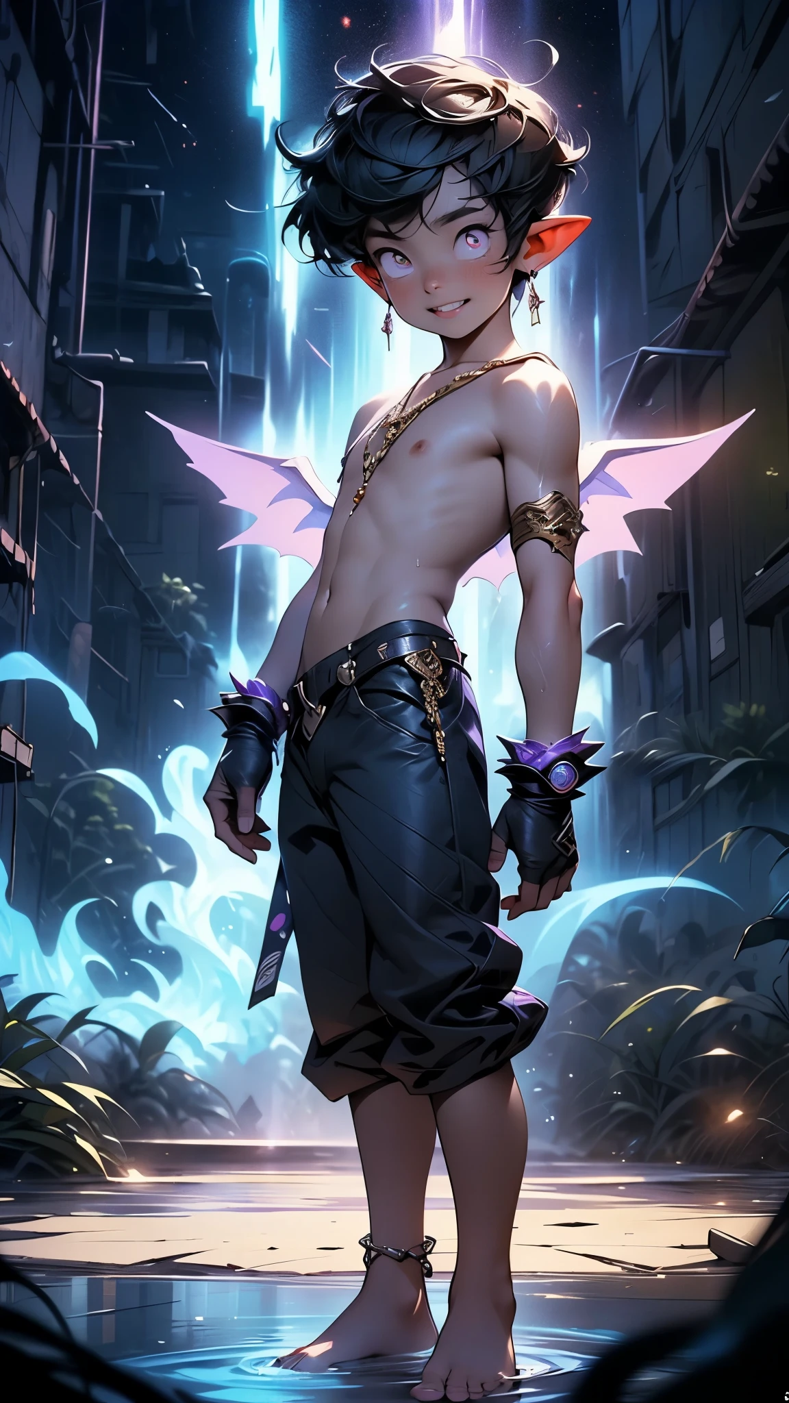 1boy, young male, teen, fairy, innocent face, cute face, youthful face, tanned skin, tribal, tribal tattoo, black eyes, fairy wings, black fairy wings, long hair, undercut, hair half shaved, purple hair, thin body, muscular, short, sexy, skimpy, jockstrap, shadow magic, light magic, shadow energy, light energy, necromancer, monk, monk outfit