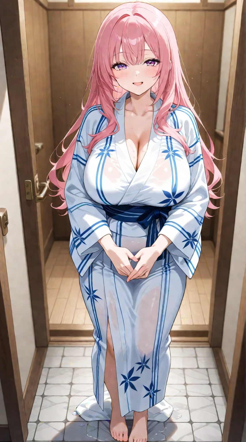 1girl, ultra high res, large chest, cleavage, bathrobe, wink,
