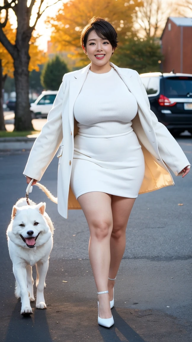 A ditsy blonde (Mini skirt, tube top, no panties, huge , mega breasts, hourglass figure, no panties) bending over to pet a puppy, busy sidewalk