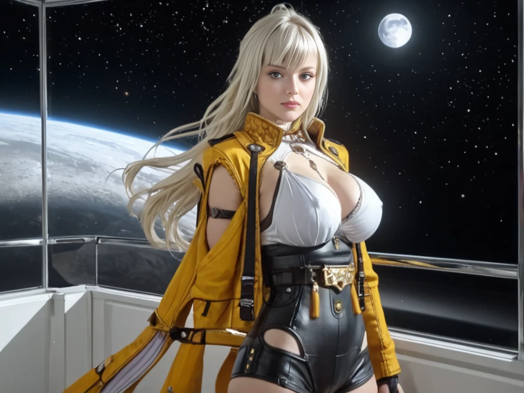 Reimagine the USS Enterprise NCC-1701-D and its crew, enormous tits, in an anime style, with expressive eyes, dynamic poses, and a touch of interstellar adventure. Look to the anime series' dynamic styles for inspiration.