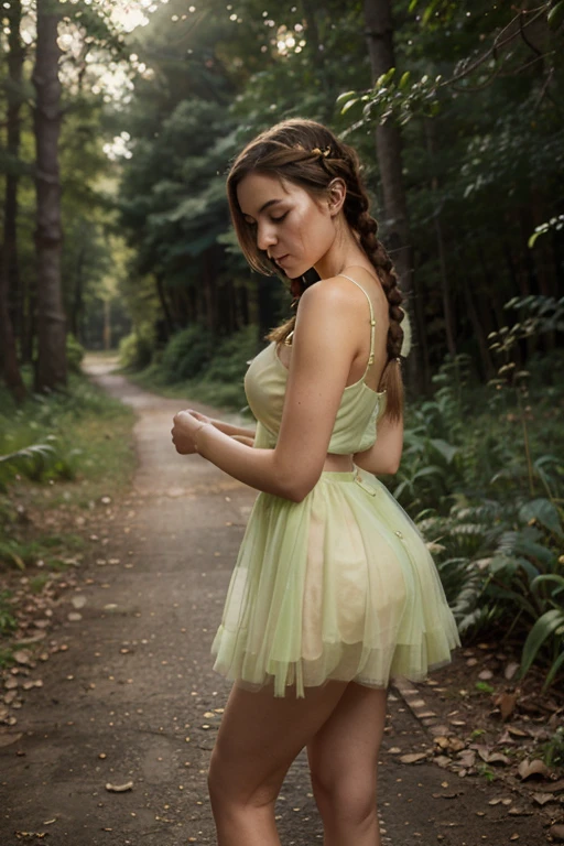 Eerie Fairytale Forest: Subject: A blonde 36dd bra woman (22) with messy hair, cosplaying a pink Little Red Riding Hood with a determined look, walks through a misty forest at dusk, holding a basket filled with glowing pink flowers. Strange creatures in pink costumes peek from behind trees. Technical: High-resolution camera (e.g., Hasselblad H6D-100c), wide-angle lens (e.g., 50mm), focus on the woman and the basket, soft, diffused twilight light with mist emphasizing the mysterious atmosphere, hint of an ominous creature in the background.