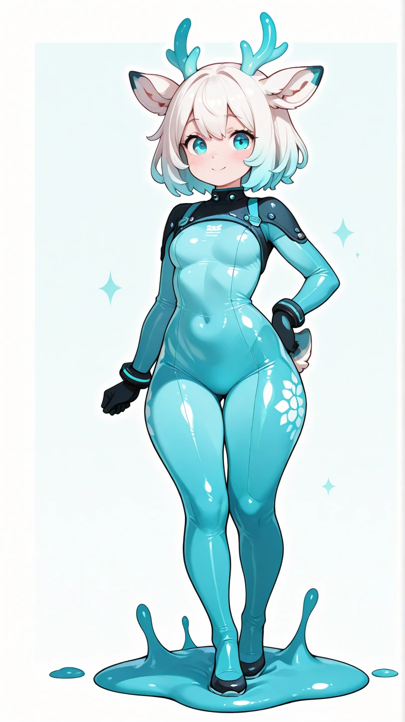 An eight-year-old albino girl, white hair, short and curly, with freckles and blue eyes in tight blue latex swimsuit