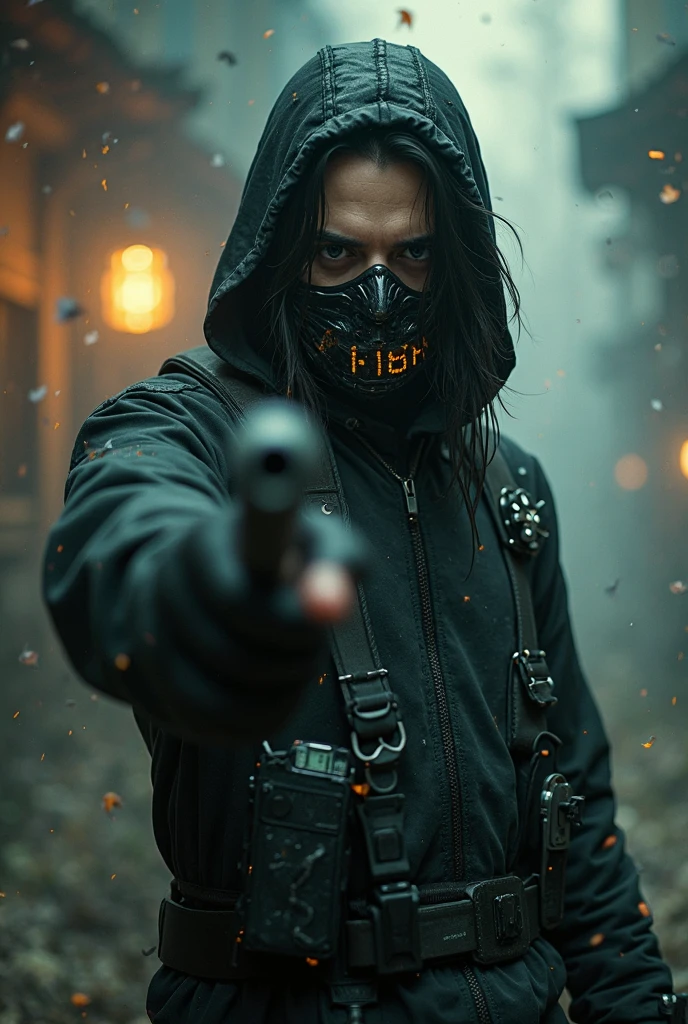 A sexy young male, long black hair, teal blue eyes, delicate facial features. (behind a bloody , surgical mask), holding a knife, stabbing, cutting, black gloves, bath, black raincoat, hood up, holding knife, black gloves, behind, blood splatter, black wet suit, night, mass murderer, killer, robbery, dark atmosphere, cinematic lighting, atmospheric realistic, close-up, ((no facial or body hair)) long lashes