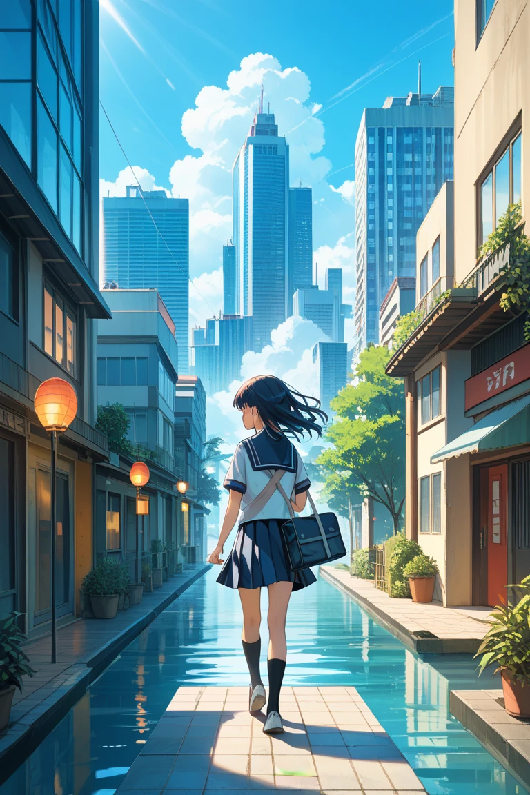 There is a lot of water on the streets,1 girl surfing with school bag,The background is the city's high-rise buildings,chibi girl,Plastic cover,Full body like,Moe new big avatar