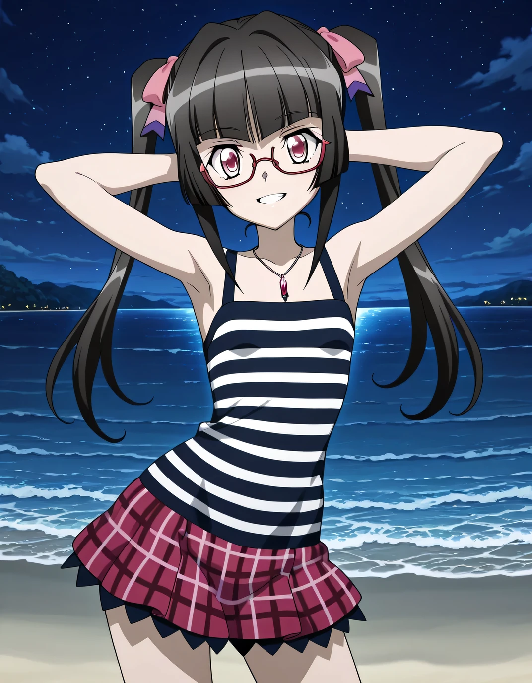 shirabe, anime screencap, anime art style, senki zesshou symphogear, twintails, crimson eyes, black hair, long hair, twintails, jewelry, pink eyes, necklace, blunt bangs, 1girl, shiny hair, striped dress, adjusting eyewear, glasses, necklace, lydian, tie, plaid skirt, anime coloring, official art, high quality, closed mouth, solo, cowboy shot, night sky, beach, armpits, (hands behind head), ((contrapposto)), looking at viewer, grin, best quality