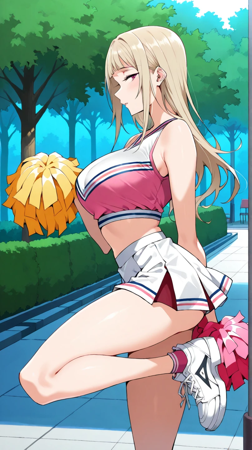 beautiful, (masterpiece:1.2), ( from below:1.3)(best quality:1.2), Beautiful 20-year-old white girl with blue eyes, long swept-back straight blond hair, Happy and posing , Pink and white frilly miniskirt, unbuttoned blouse, showing breasts, triple D cup breasts, round buttocks, fake breasts, beautiful face, under boob, triple D cup breasts, bubbly ass, pink socks, white sneakers, 