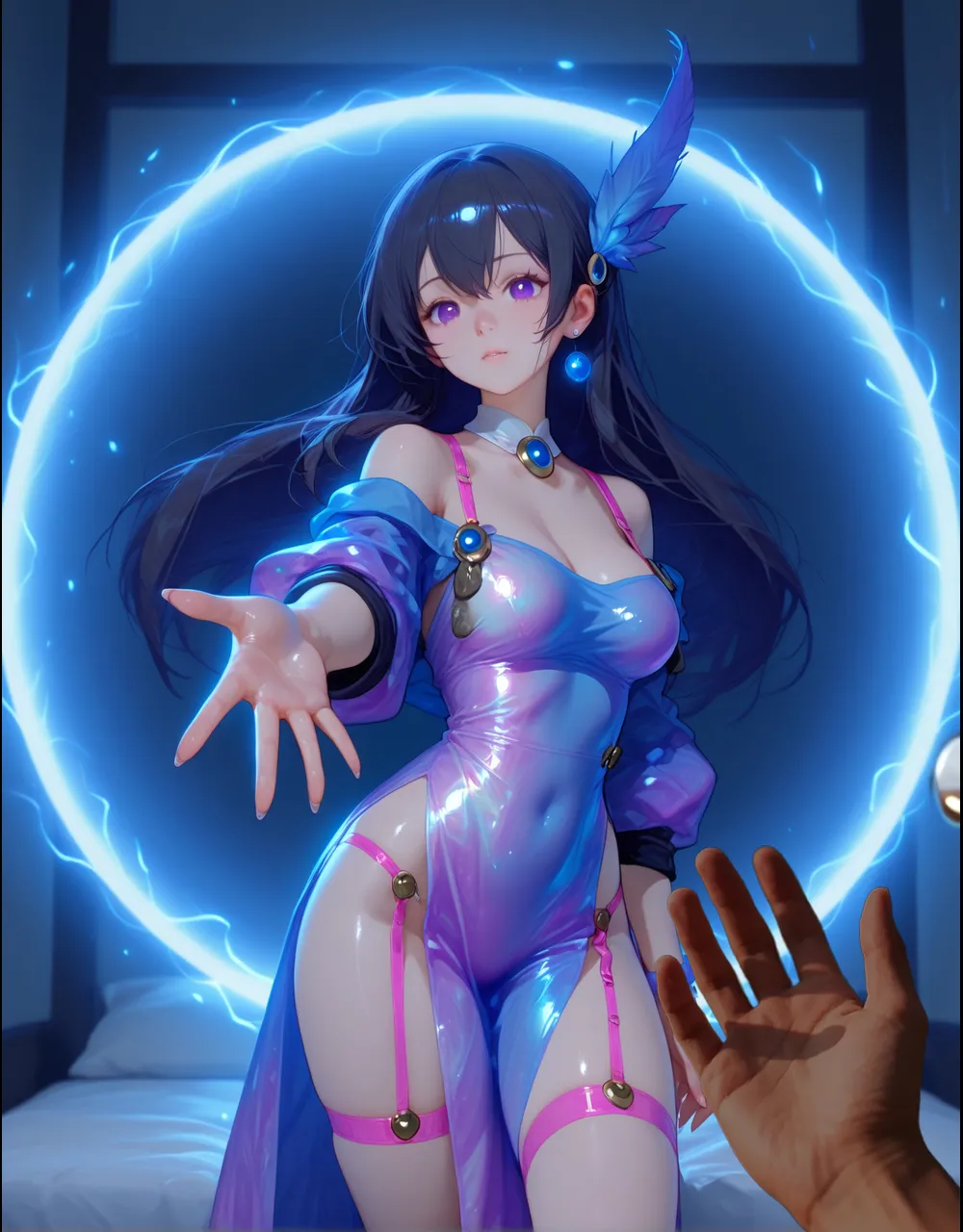 ((extreme detail)),(ultra-detailed), extremely detailed CG unity 8k wallpaper, best quality, <lora:Brighid:0.7>brighid, purple long dress, jeweled collar, closed eyes, closed mouth, upper body, (blue:1.3) fire background,