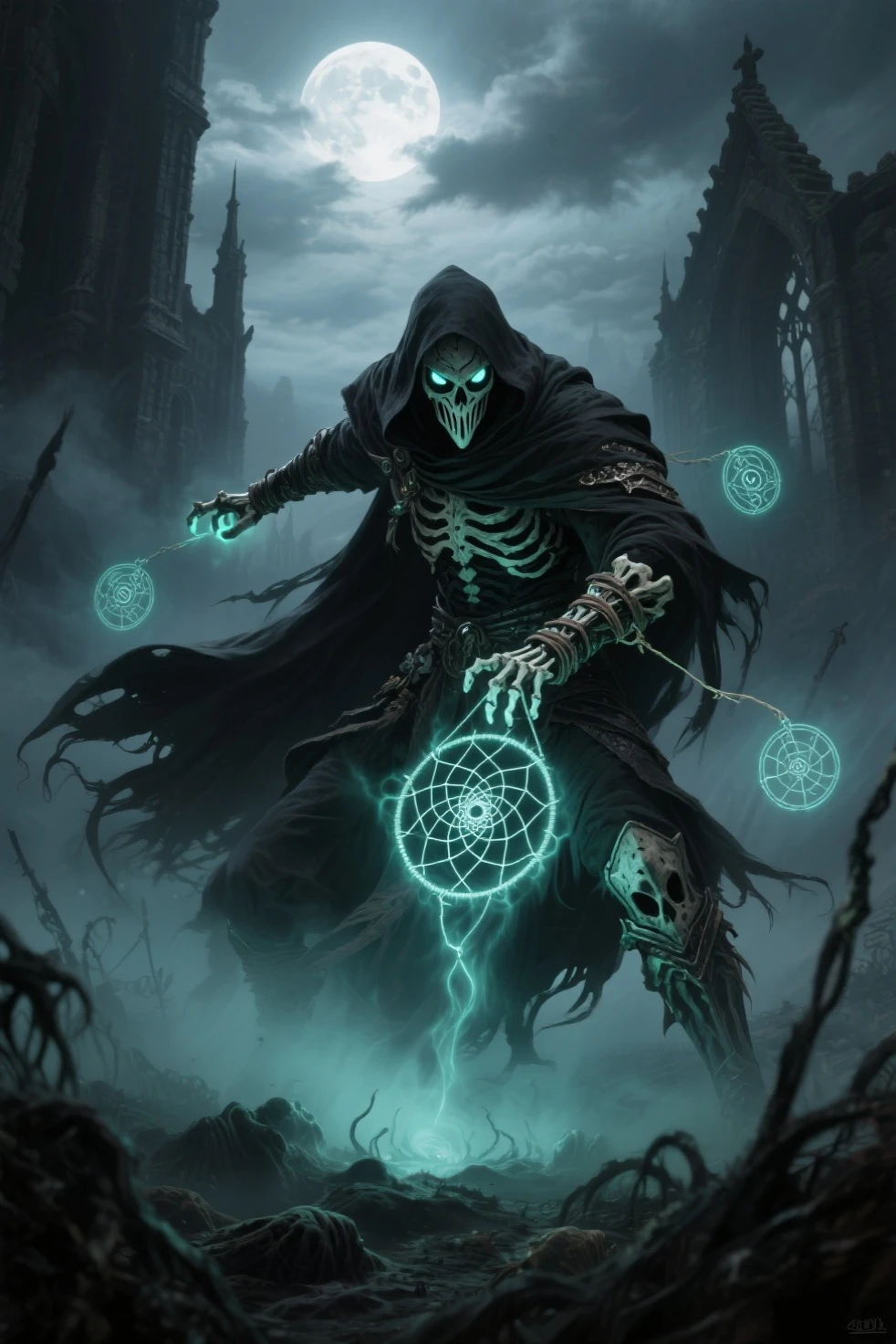 hyper detailed masterpiece, dynamic, awesome quality,swirling DonMM4hM4g1cXL math magic,diablo, ghostly spectral entity, shadowy, ethereal, shrouded tattered appearance, glowing eye sockets,  spectral, haunting otherworldly presence, 
