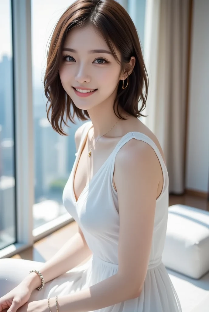 Tabletop, highest quality, figure, Very detailed, In detail, High resolution, 8k wallpaper, Perfect dynamic composition, Beautiful fine details, White tank top,Medium Hair, Center of chest, Natural color lip, Random sexy poses,smile,Tower apartment，