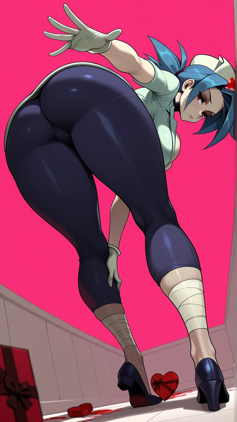 ((masterpiece)), (((best quality))), Illustration, (masterpiece), (best quality), (high res), 1lady, tall body, beautiful detailed eyes, beautiful detailed face, serious, (perfect hands), complete fingers, perfect anatomy, perfect proportions, ((ginger hair, curly hair, ponytail)), ((green eyes)), ((leotard, light blue leotard, matching leotard, long sleeve, booty shorts, cheeky, turtle-neck collar, navy blue stockings on legs)), ((boots, matching boots, ankle-high boots, navy blue boots)), breasts, large breasts, (full body portrait), solo, super hero, super hero pose, solo focus, standing, character sheet, multiple angles, (short sleeves, navy blue gloves), (navy blue heart symbol on chest), full body costume design. (simple background, white background: 1.3) ,--6, comic, comic style, full body showing, entire body showing, pin up, pin up model, pin up style, super revealing,