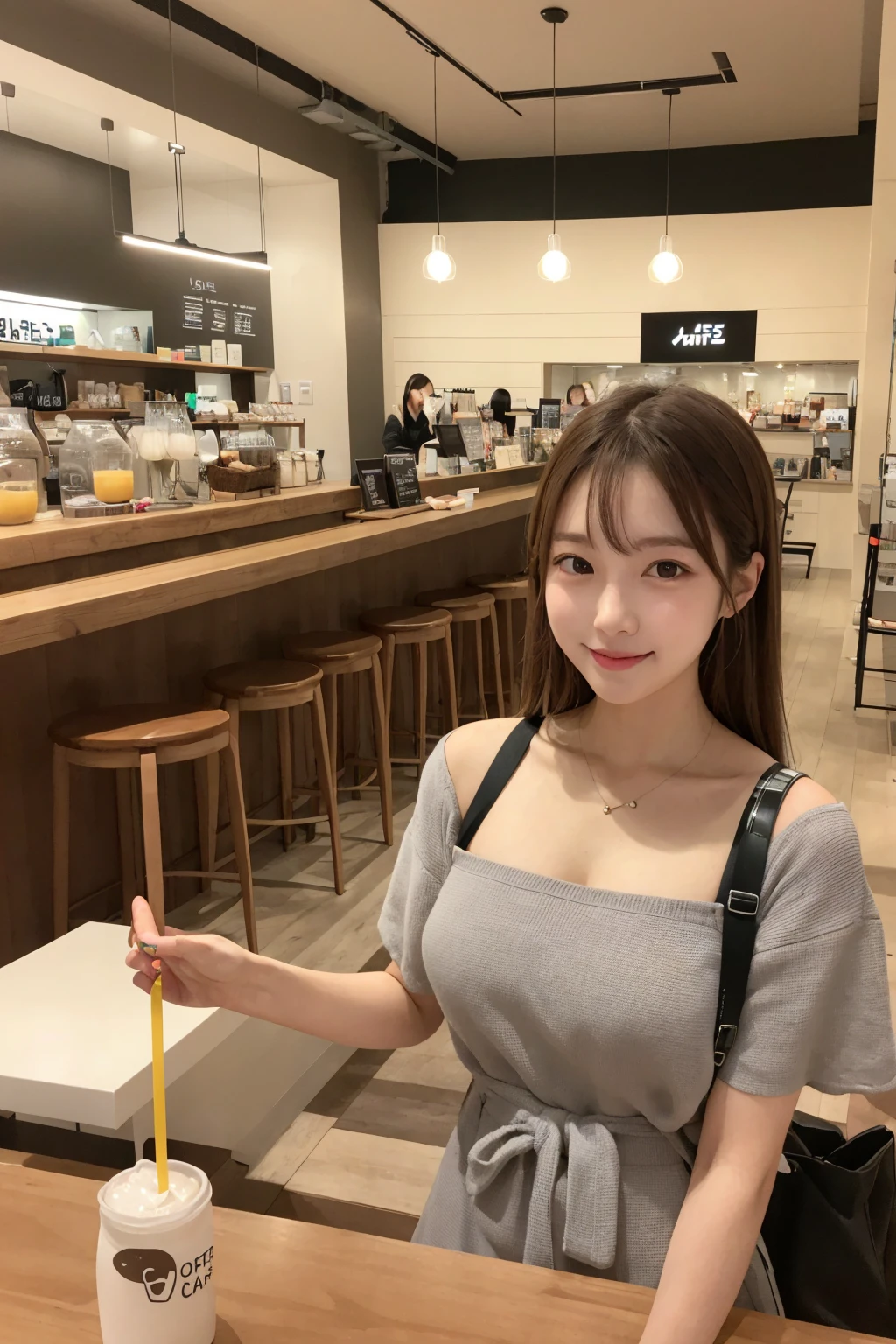 super high quality, Fashion Model, smile, Slenderのネックレス, Slender, The staff is working at the counter in the back., (8k、RAW Photos、Highest quality、masterpiece:1.2), Japanese Idol, Stylish café, (Realistic、Photorealistic:1.37), Bob Hair, Mesh Hair, Urban Cafe, Golden Ratio, Raw photo, Cute face , Light Brown Hair, Small breasts, Bright cafe interior, Blurred Background, Summer clothes, Beautiful hairstyle, Cafe Terrace, Open Cafe, Photographed inside the cafe, Hair blowing in the wind, boyish, T-Shirts, 18-year-old, younger sister, 
