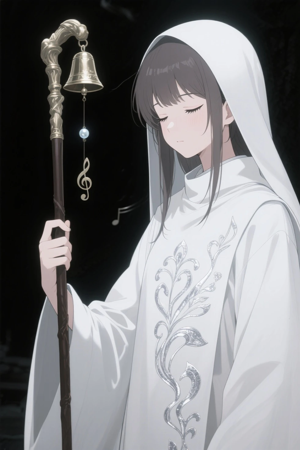 ( anime,Highest Quality、 masterpiece)、 1 girl、 beautiful girl、 the bell of the cane emits an inperceptible frequency(often closes its eyes)
figure: holding a cane with a bell that rotates quietly { x} Wear a simple white monk's uniform with a serene pattern embroidered with silver thread。constantly chanting or humming melodies without words。which is the source、is contained in a single bead。
Ability: and eventually becomes sedated、at the tip。constantly chanting or humming melodies without words、has gentle facial features。seijaku yomi「reverberation of dissonance」It loses its power、disrupts the structure of the nightmare、nightmare silence hunter's hymn