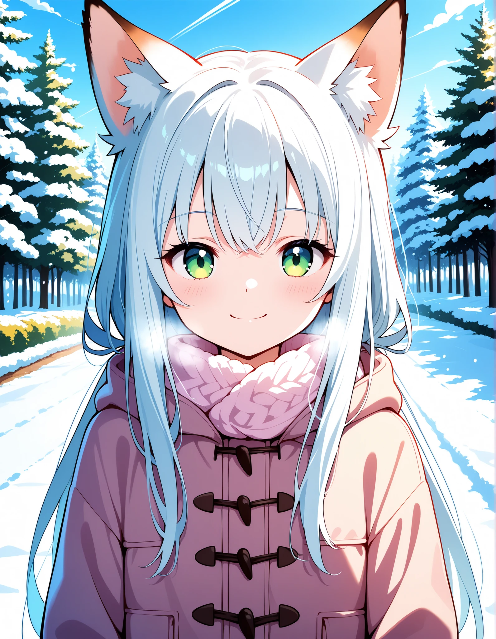 solo, anime, BREAK A young fox girl,skinny and frail,(petite,cute:0.5), green eyes,looking at viewer, long hair,white hair, smile, winter clothes, outdoors,winter,