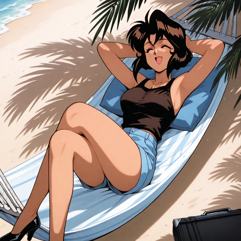 (((asakura minami:1.3))),((masterpiece)),((highest quality)),POV,super detailed,(thin entire outline),enlightenment,explicit,((1girl:1.3)),dutch angle,black hair,medium hair on shoulders,black eyes,small nose,perfect body,beautiful body,beautiful character design,perfect eyes,perfect face,(happy,smile,red cheeks,having fun:1.2),small open mouth,perspiration,wallpaper,ultra high resolution,8k,photo shoot,(beautiful large breast:1.2),beautiful legs,perfect feet,beautiful skin,fair skin,smooth skin,official style,official art,make a screen cap,outdoor,(summer beach),sunshine,bright lighting,white bikini,(((micro bikini,protruding nipples,camel toe:1.3))),((wide spread legs,peace sign:1.2)),(relaxing on beach chair:1.3),((((male's hand is touching her legs:1.3)))),
