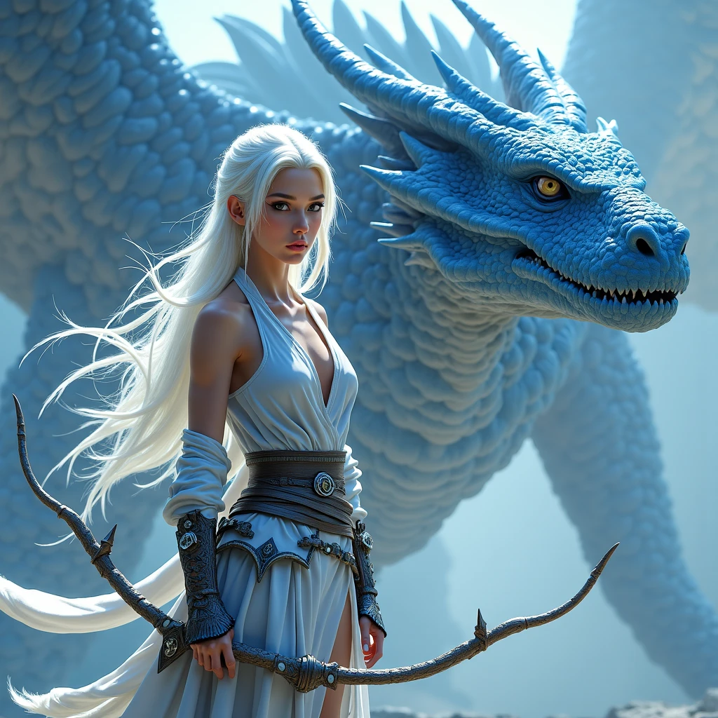 (Masterpiece artwork, 8K, uhd, high resolution: 1.4), charming portrait of Rhaenys Targaryen, (long, loose golden-silver hair: 1.3), (slender and graceful body: 1.2), (affectionate and mischievous expression: 1.2), (dressed in light and colorful clothes: 1.2), (next to his shining scaled dragon: 1.3), (blue sky with soft clouds in the background: 1.2), (Music elements, dance and poetry around you: 1.1), (atmosphere of freedom and adventure: 1.3), realistic and intricate details, (fantasy and story elements: 1.2), (vibrant and captivating perspective: 1.3)
