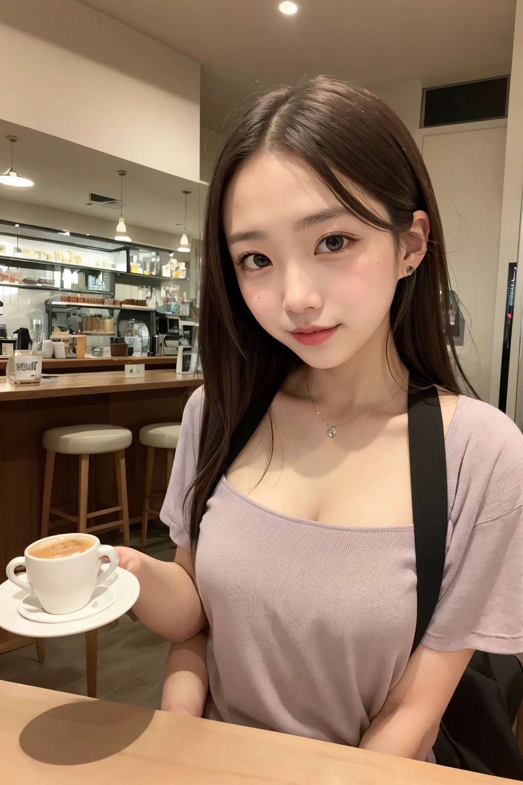 Young girl holding coffee cup in hand, cute女の子, Cute little face, cute、well-groomed face, Sakimi-chan, Chiho, Yoshitomo Nara, young and cute face, beautiful japanese girl face, brown hair and large eyes, cute可愛い女の子, beauty、20-year-old、big breasts、summer clothes