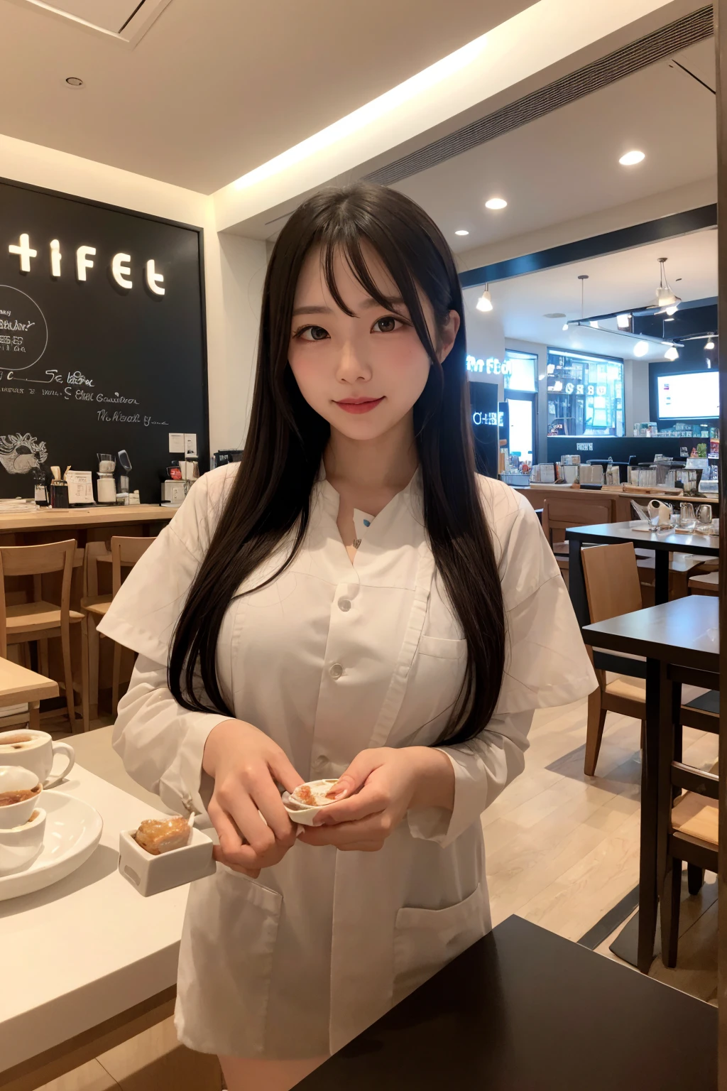 1 Girl,Cafe,Soft Light,Chinese Beauty,Tight Fit,Pleated Skirt,Dark-haired,long hair