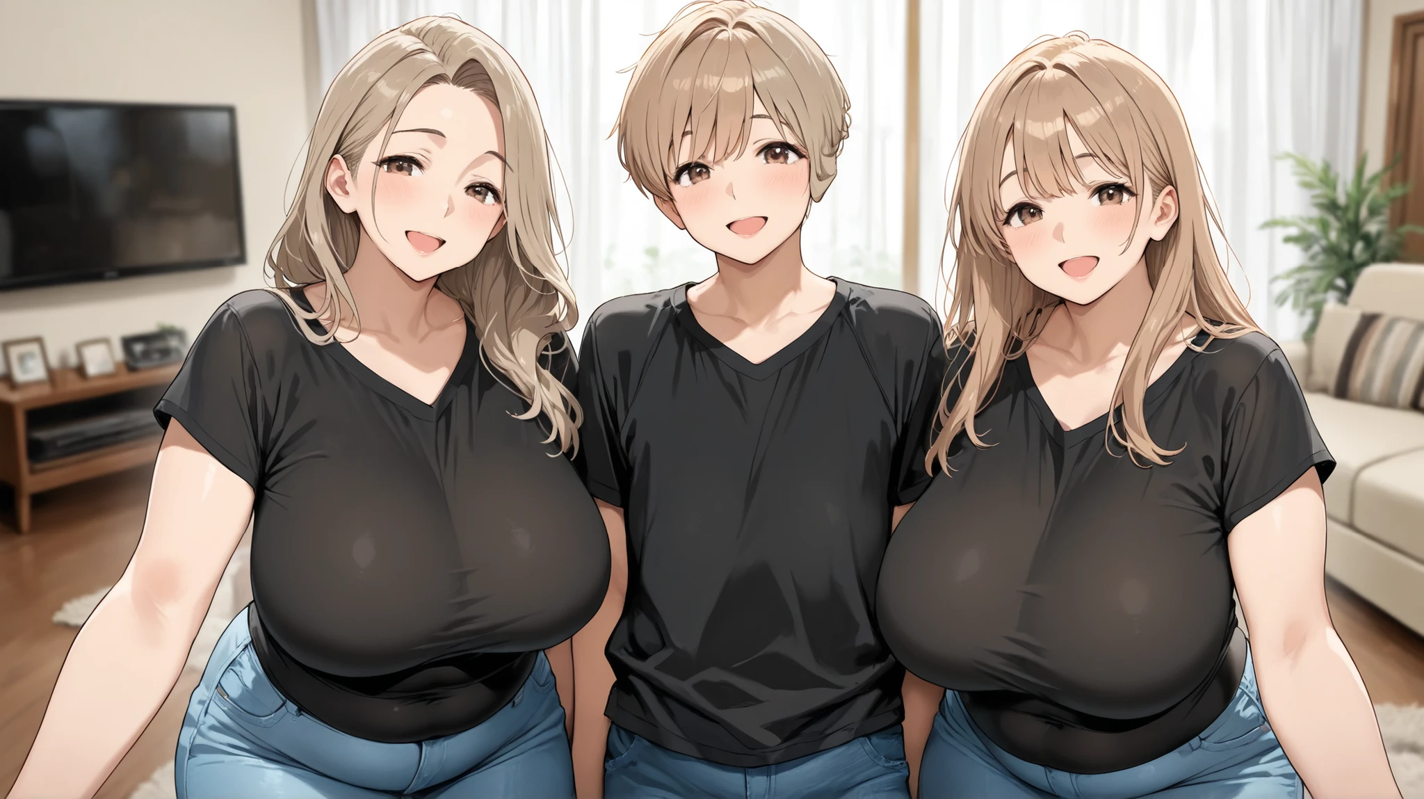 score_7_up, source_anime, anime screen, 2girls, big breasts, 1boy, blush, dark-skinned male, muscular male, underwear, sitting sofa, from front 