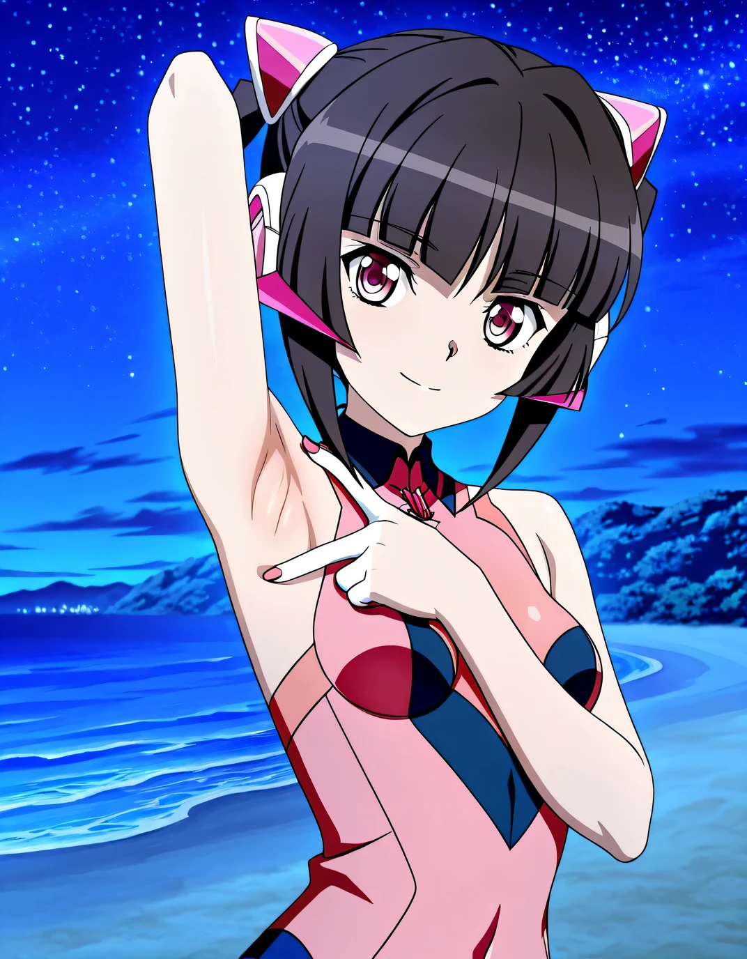 Shirabe Tsukuyomi ((Symphogear/G/AXZ/GX/XV)), light pink eyes, long, straight, black hair, cut in a hime style, tied in twintails, small breasts, ((1girl)), phonicgain aura, shulshagana, shirabe, anime coloring, official art, high quality, closed mouth, solo, upper body, night sky, beach, spread armpit, armpits, armpit focus, v, looking at viewer, ((contrapposto)), looking at viewer, smile, best quality