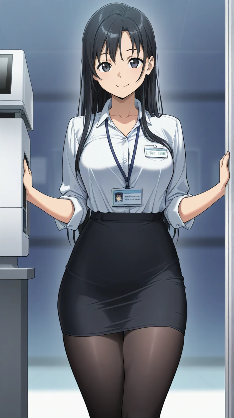 (high quality,Very detailed:1.37, High resolution), Woman, (mature:2.0), (Sakaki Yumiko:1.5), (very long hair:1.5), (straight hair:1.5) (dark purple hair:2.5), purple eyes, huge breasts, tuxedo, necktie, (pants:1.5), (wetting herself:2.0), standing, embarrassed, humiliation, (sanpaku eyes:1.5), (constricted pupils:1.5), (tiny pupils:1.5), (sweating:1.5), shaking, (trembling:1.5), (blushing:1.5), Meticulous details, (extremely detailed eyes:1.37), space station, interior, science fiction, futuristic