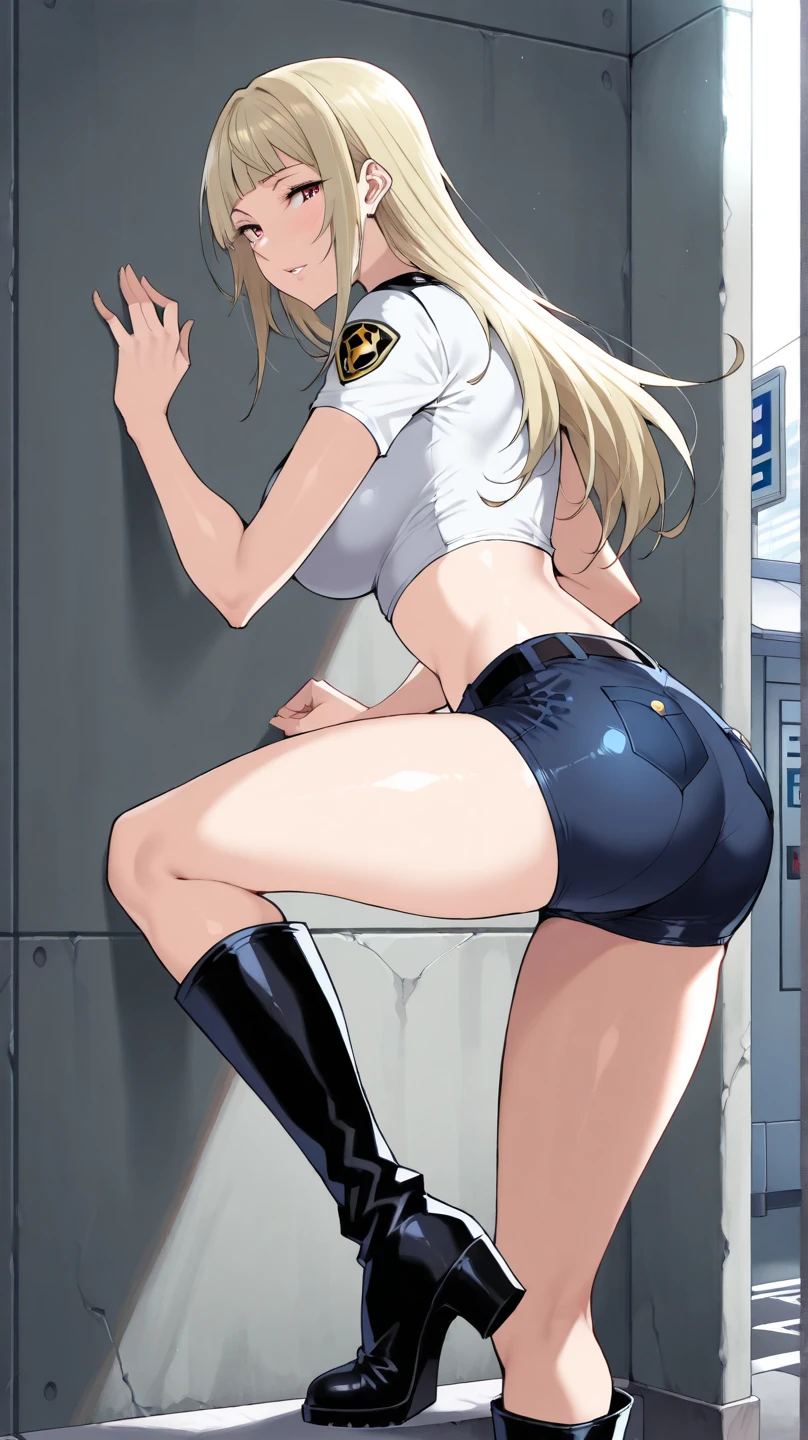 (((Stretch your legs and show your butt、Shooting from below at close range))、(((Accentuate your butt、Shiny underwear)))、Highest quality, 8k, masterpiece :1.3)), whole body, Sharp focus :One Girl,Glowing Skin,SSexy pose,Highest quality,Tabletop,shape,Very delicate and beautiful,Hmph,8k壁紙,wonderful,In detail,Official Art,Very detailedなティッカーUnity 8k壁紙,Incredibly ridiculous,Large file size,Very detailedな,High resolution,Very detailed,Beautiful detailed girl,Realistic,X-ray,The queue is full,(((Police Officer、mini skirt)))、(((Big Breasts、Blonde)))、(((Police Department、Interrogation room)))、Stand upright、Cleavage , ((長いBlonde))、mini skirt、Police Officerの服、Sexy pose、Hairstyle: Ponytail、both hands、Kitagawa Marine、Lace panties