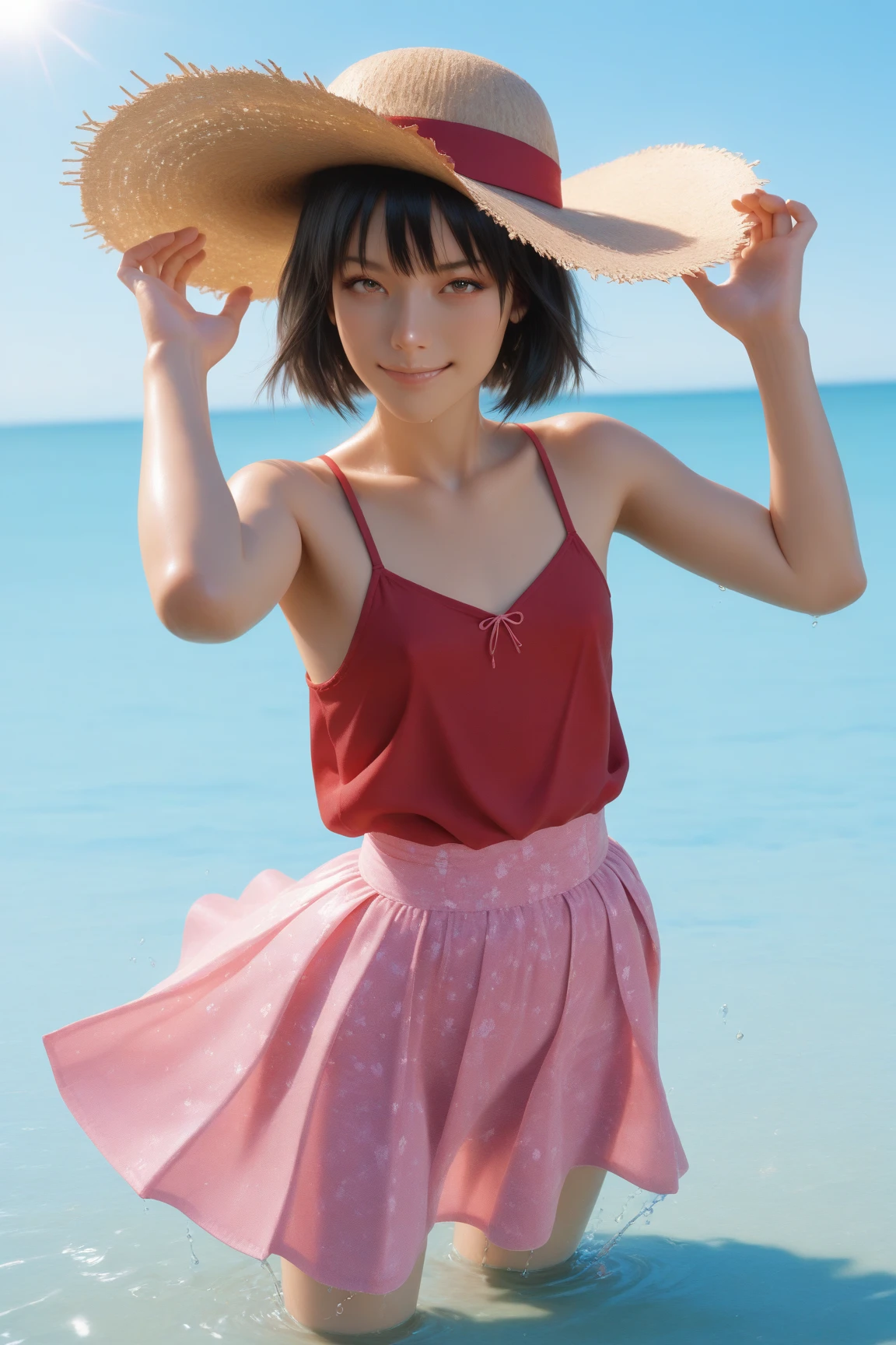 (masterpiece, Highest quality, 8K, High resolution),(Realistic skin texture, Perfect Face, Realistic, Perfect hands, Perfect finger count, Japanese, Girl), (23 years old), Big Eyes, Brown eyes, Light brown hair, bangs, Twin tails, Red hair ribbon, Small face, Smile, ((Black lace frilled dress, Cameltoe, Corsage of red roses)), Are standing, Lift up the skirt, Sandy Beach, Blue sky and clouds, Hair blowing in the wind, Low - Angle