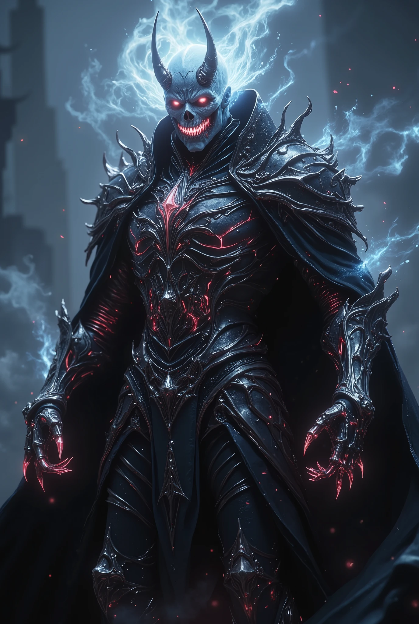 nightmare catcher,vasto lorde,terrifying demons,anime style,detailed nightmare creature,nightmarish humanoid entity,demonic facial features,glowing eyes,sharp fangs,clawed hands,floating dark aura,dark fantasy environment,gloomy skies,haunting atmosphere,dark colors,moody lighting,digital art,concept art,cinematic,4k,ultra-detailed,hyper-realistic,award-winning